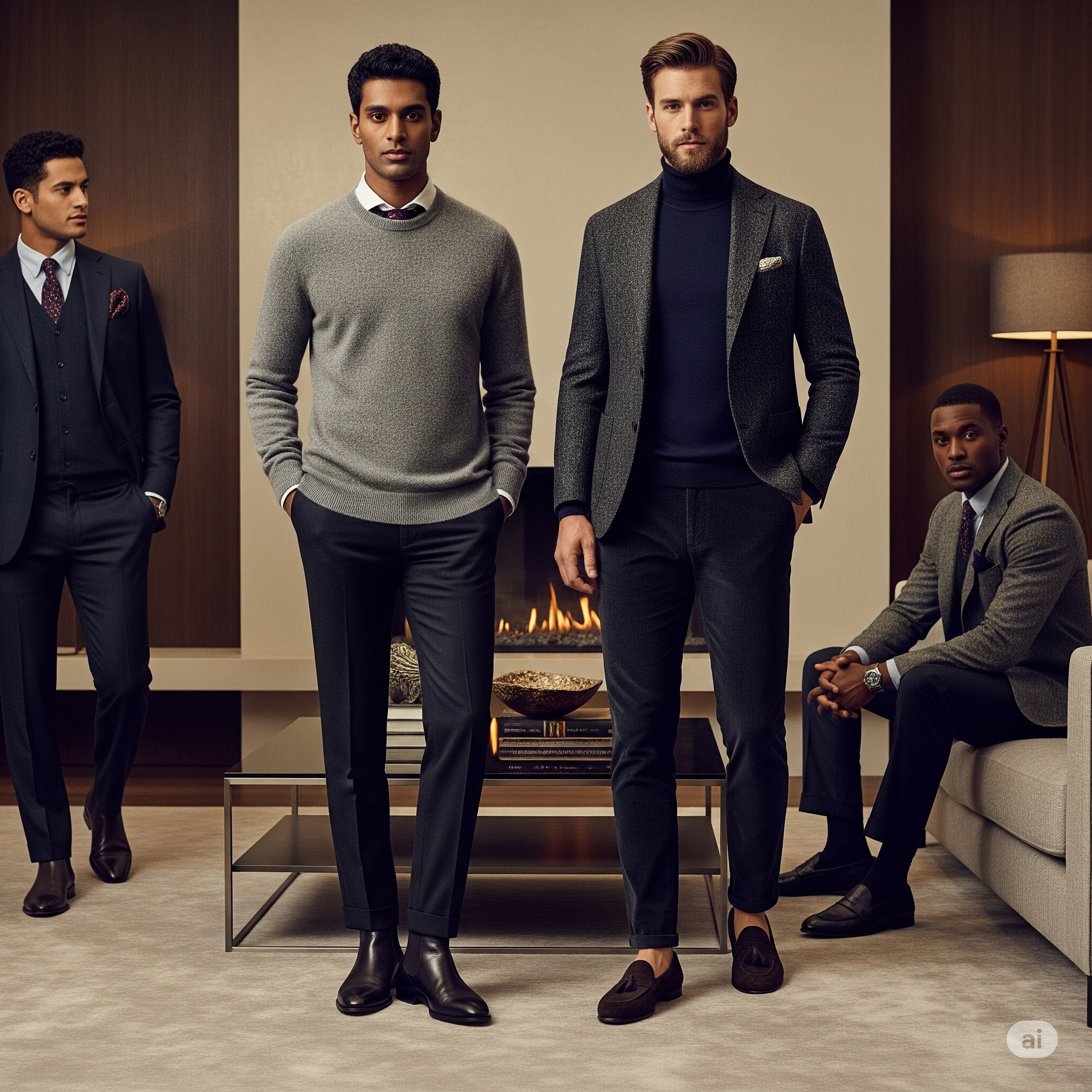 Four men in a luxurious living room showcasing winter lounge attire, featuring sweaters, blazers, and tailored pants.