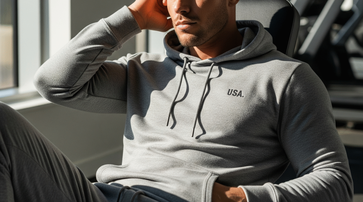 A fit man in a stylish grey USA-branded loungewear set, featuring a hoodie and joggers, sitting comfortably in a modern gym with natural light. The image emphasizes comfort, luxury, and an athletic aesthetic.