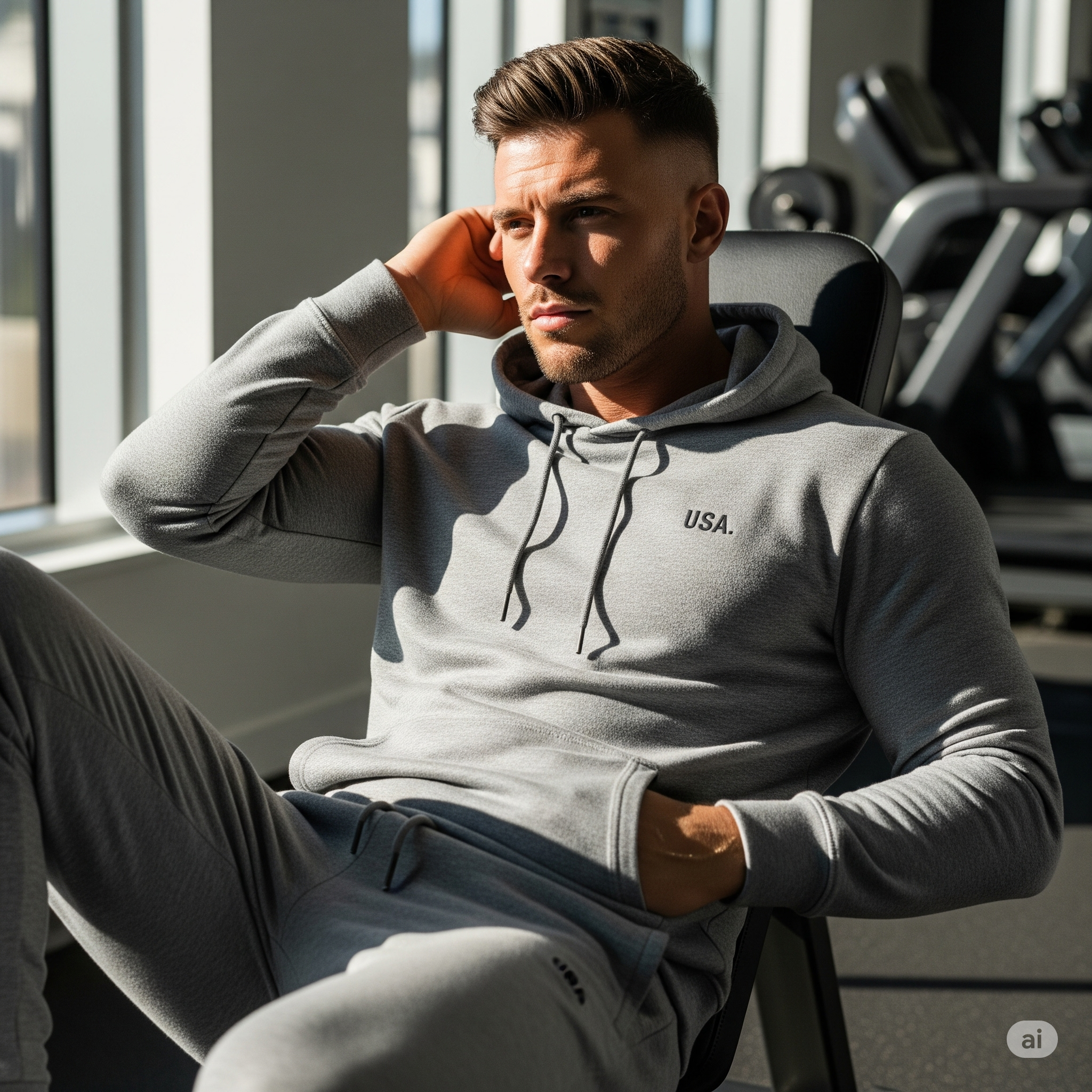 A fit man in a stylish grey USA-branded loungewear set, featuring a hoodie and joggers, sitting comfortably in a modern gym with natural light. The image emphasizes comfort, luxury, and an athletic aesthetic.
