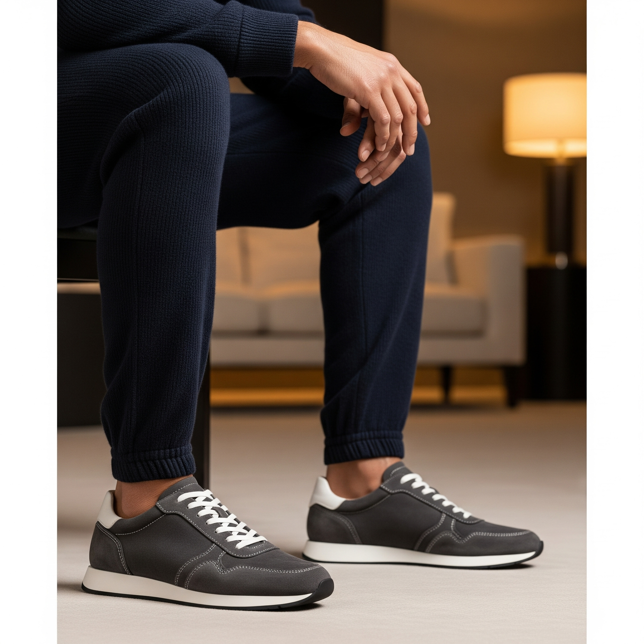 A man wearing dark navy blue knit loungewear and dark grey suede sneakers with white laces. The sneakers have a clean, low-profile design.
