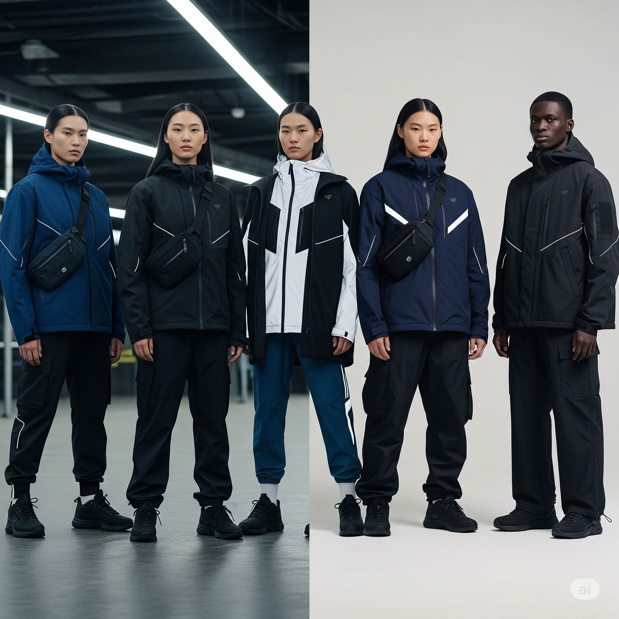 A diverse group of models showcasing futuristic techwear fashion with a Korean aesthetic in an urban setting. The clothing features sleek designs, technical fabrics, and dark, muted colors with subtle bright accents, emphasizing functionality and modern style.