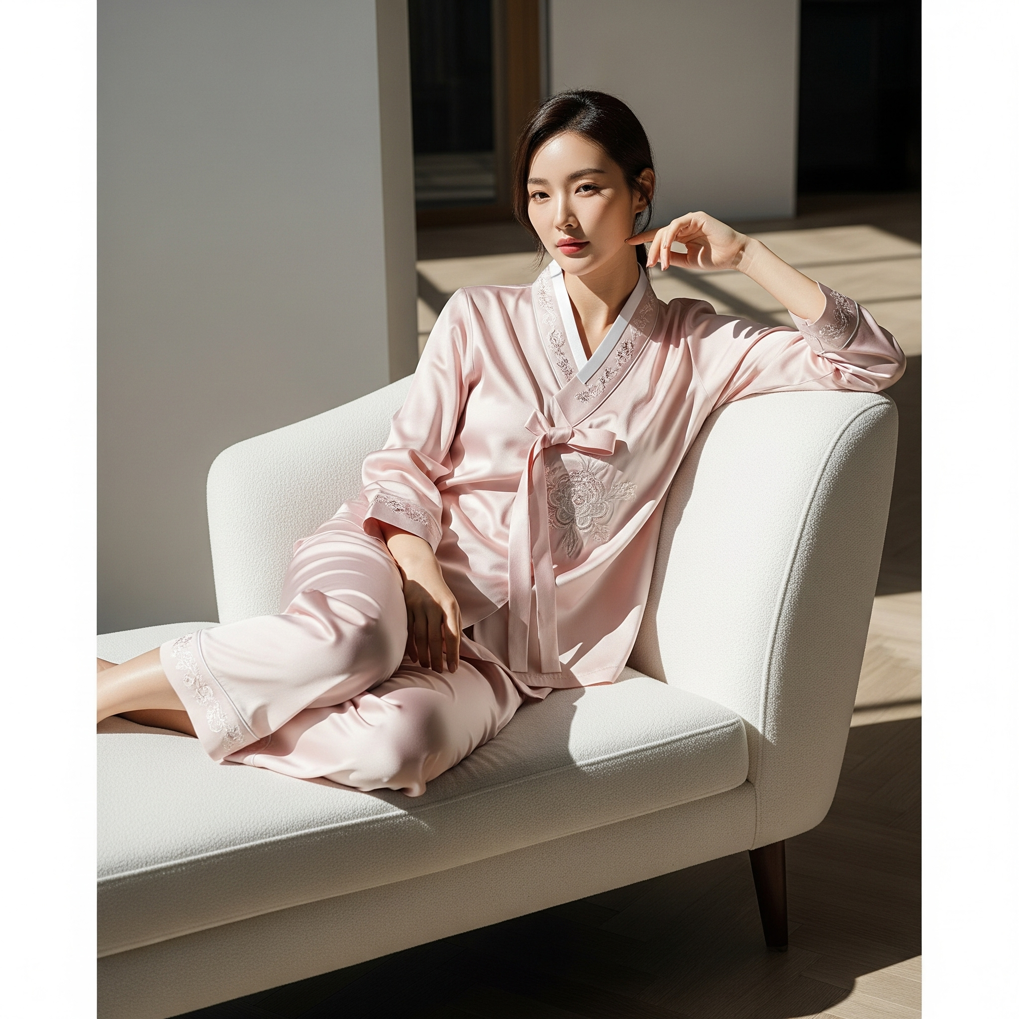 A Korean model in a luxurious pastel pink silk pajama set with subtle embroidery, reclining on a white chaise lounge in a minimalist studio with natural light. The image highlights elegant, comfortable loungewear with a Korean aesthetic.