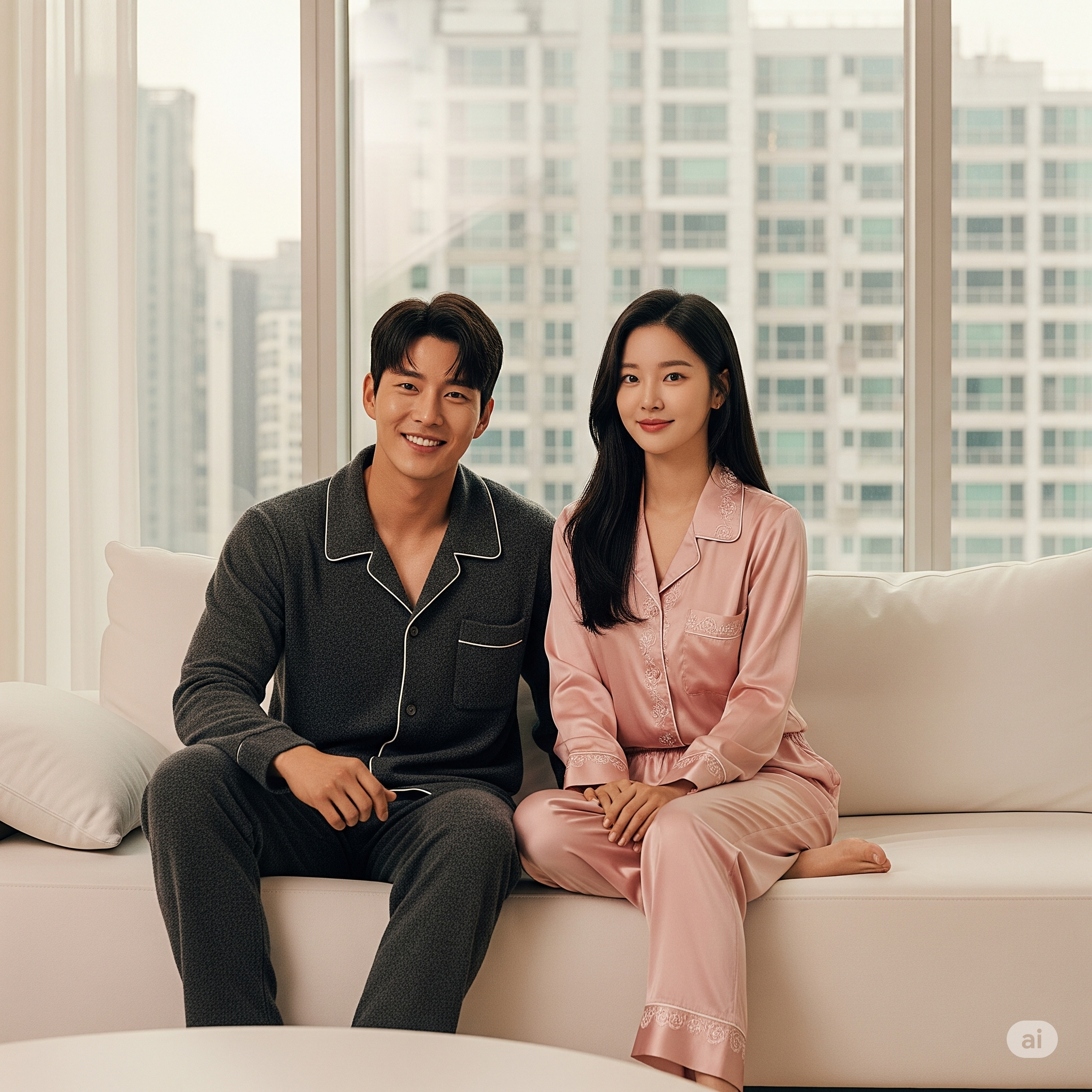 A beautiful Korean male and female actor sitting on a white sofa in a modern apartment, wearing elegant luxury loungewear. The male is in a dark gray set, and the female is in a blush pink silk set, with a city skyline visible through a large window.