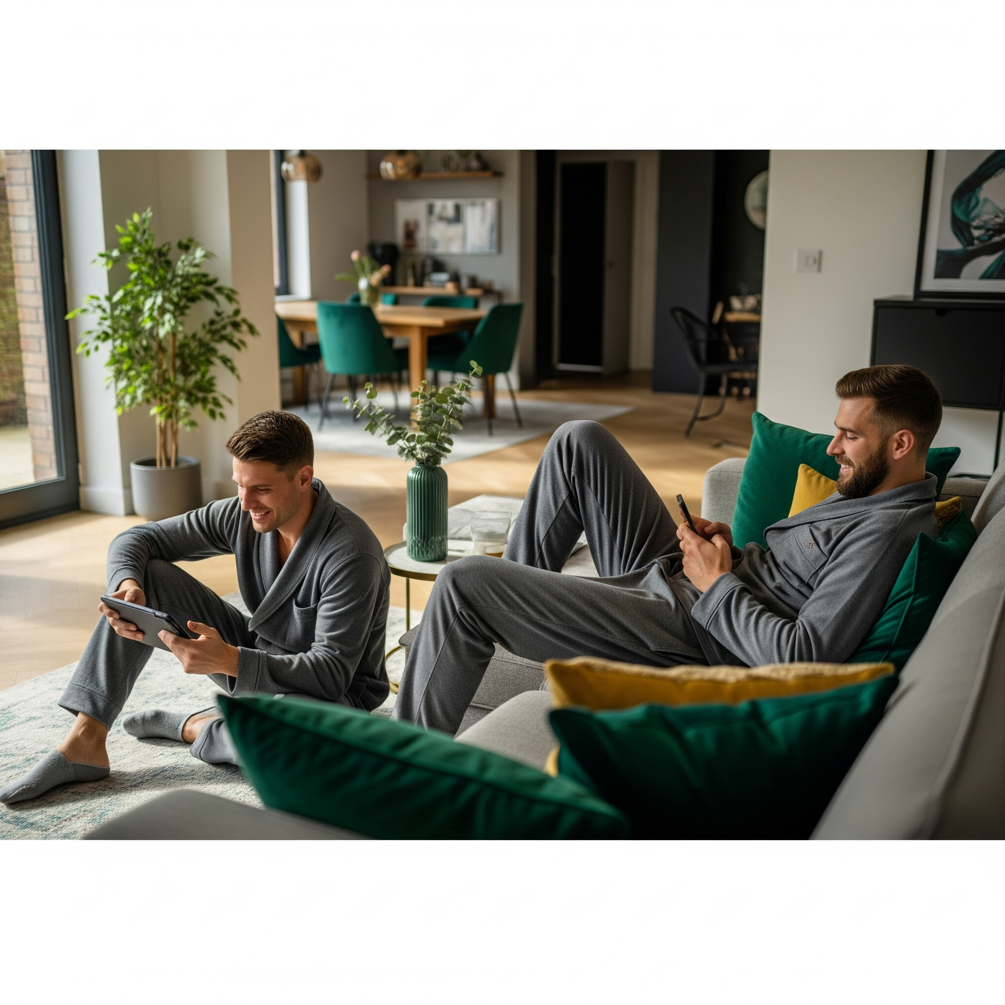 Two men in matching dark grey luxury loungewear are relaxing in a contemporary living room. One is seated on the floor playing a tablet, while the other reclines on a sofa using a phone. The room features emerald green accents.