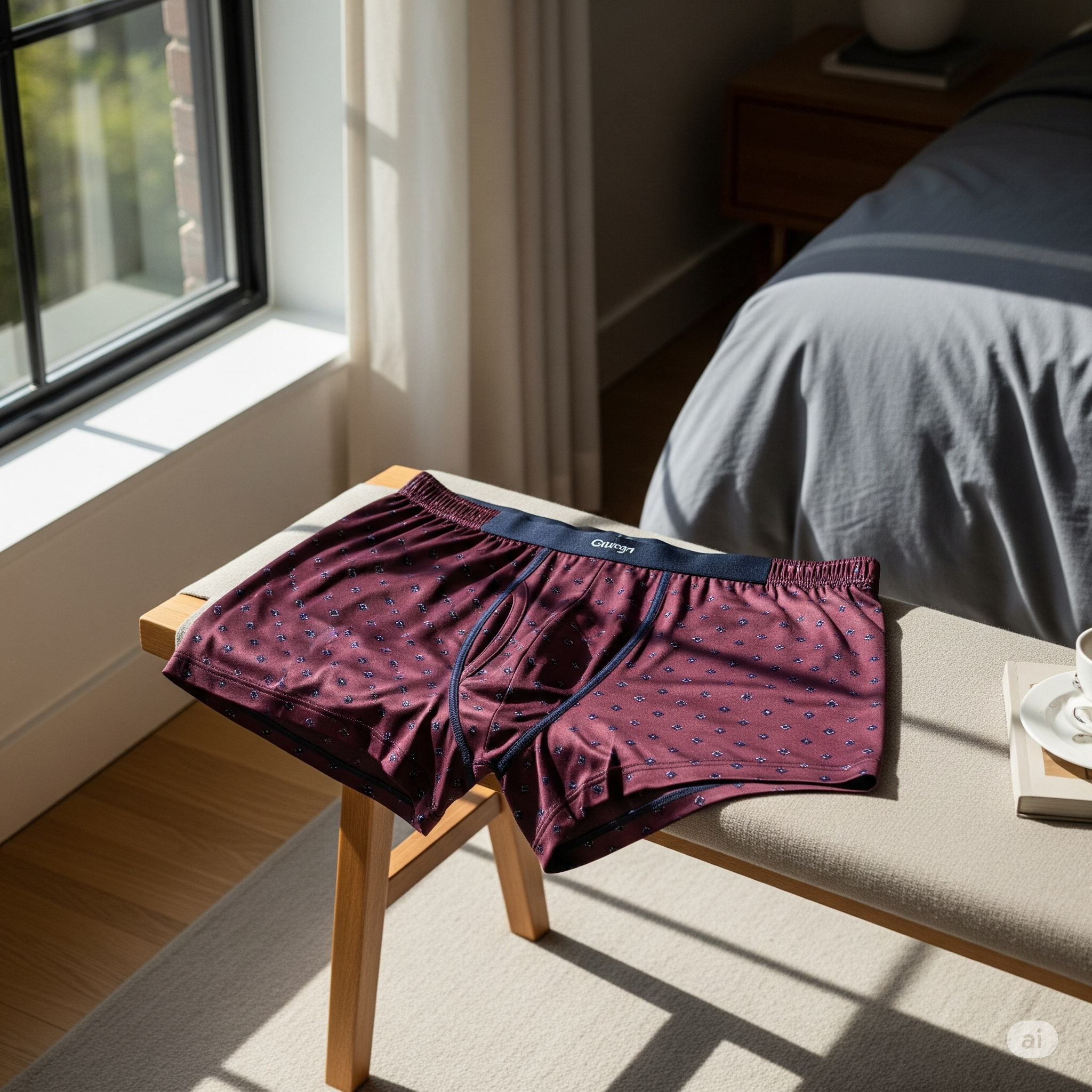 Maroon men's boxer shorts with a subtle pattern, draped over a light-colored bedroom bench near a sunlit window. The fabric appears soft and luxurious, suggesting comfort and high quality.
