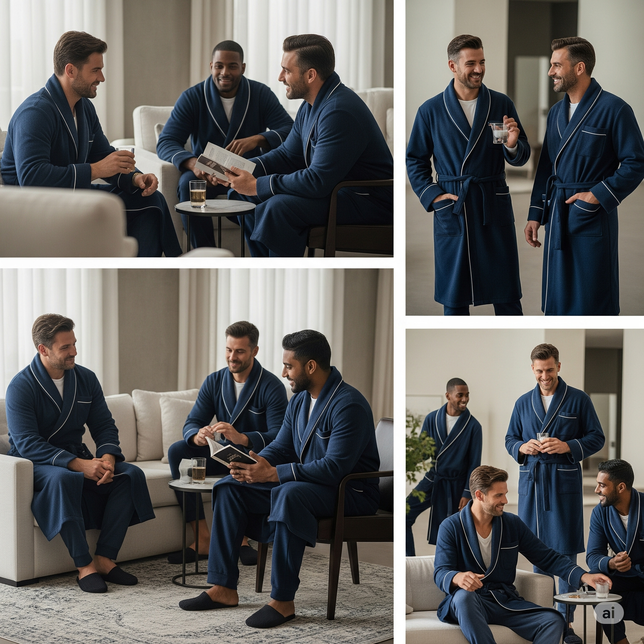 A collage of four images showing a diverse group of businessmen in luxurious navy blue loungewear (robes and sweatpants) relaxing in a modern, elegant lounge setting. They are seen conversing, reading, and enjoying beverages, embodying sophisticated comfort.