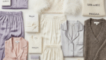"Aesthetic display of luxury loungewear including silk pajamas, feather-trimmed sleepwear, minimalist co-ord sets, and sustainable fashion pieces from top brands like Lunya, Sleeper, Olivia von Halle, and PANGAIA, styled on a neutral background for an elegant and cozy vibe."