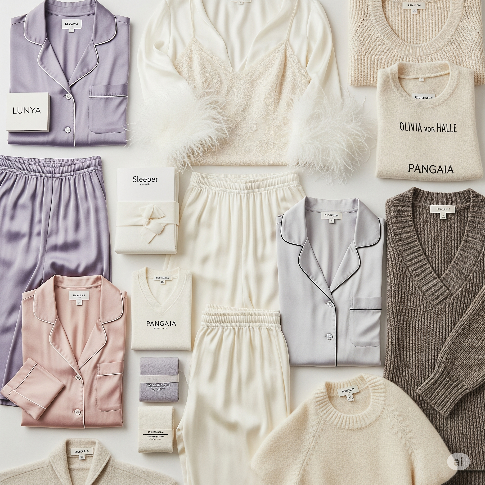 "Aesthetic display of luxury loungewear including silk pajamas, feather-trimmed sleepwear, minimalist co-ord sets, and sustainable fashion pieces from top brands like Lunya, Sleeper, Olivia von Halle, and PANGAIA, styled on a neutral background for an elegant and cozy vibe."